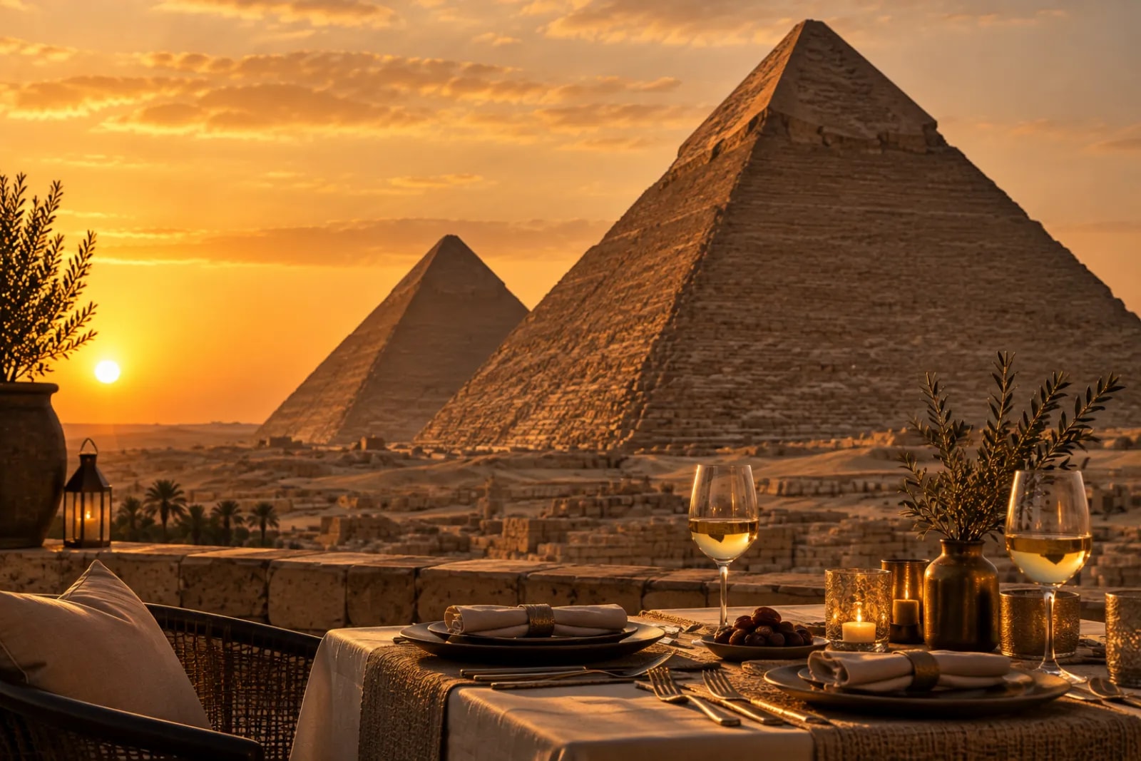 A dinner table facing the Giza pyramids at sunset