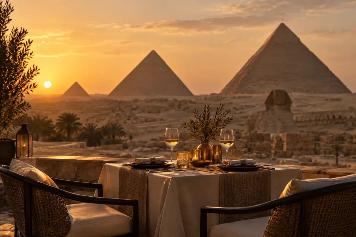 A table set for dinner facing the pyramids of Giza at sunset